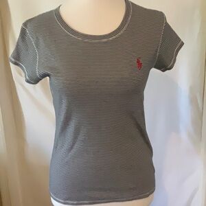 Polo striped T-shirt. Cap sleeves. Navy and white stripe with red polo logo.